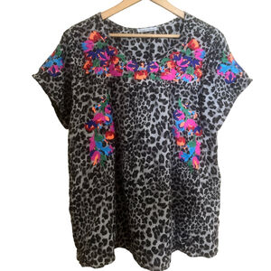 Vibrant Floral Embroidered Leopard Blouse